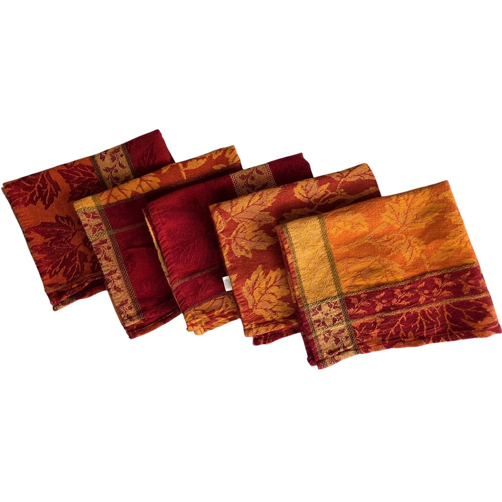 Set 5 Fall Harvest Cloth Napkins Red Orange Leaf Jacquard 18x18 retro woven